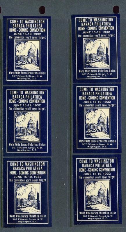 6 VINTAGE 1932 WORLD WIDE BARACA PHILATHEA UNION HOMECOMING POSTER STAMPS (L536)