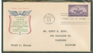 US 838 1938 Iowa centennial on an addressed (typed) FDC with a Fidelity cachet