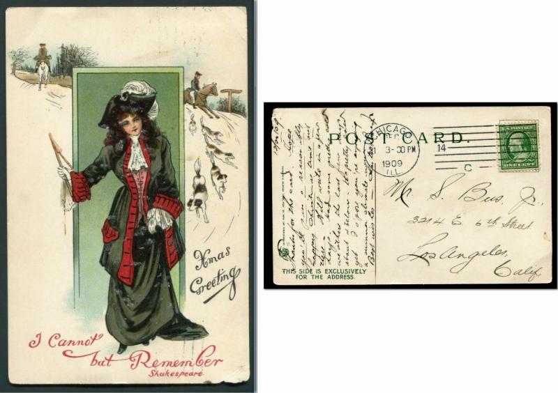 1909 Christmas Postcard with Shakespeare Quote - Chicago, IL to Los Angeles, CA