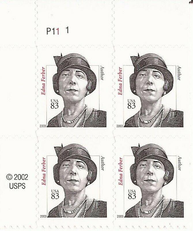 US Stamp 2003 83c Edna Ferber w/Curving Shoulder 4 Stamp Pl. Block #3434