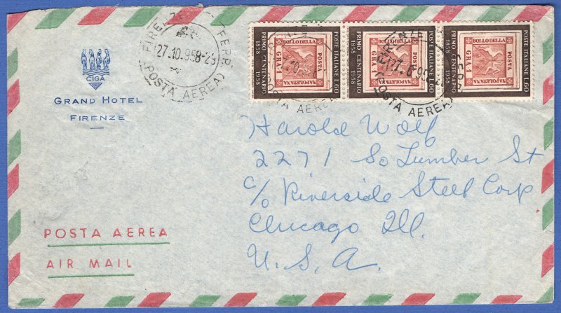 ITALY 1958 L.60 x 3 NAPLES Centenial stamp, Florence > USA