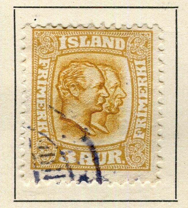ICELAND; 1907 early Double Kings issue fine used 3a. value