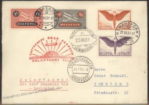 Switzerland 1931 Graf Zeppelin Mi203 1. Polarfahrt Russia Flown Cover 107727