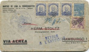 1939 RETOUR A L'ENVOYER h/s on airmail cover  from Brazil to Germany