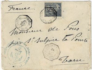 Reunion 1889 St. Denis cancel on military cover, blue naval handstamp, Scott 51