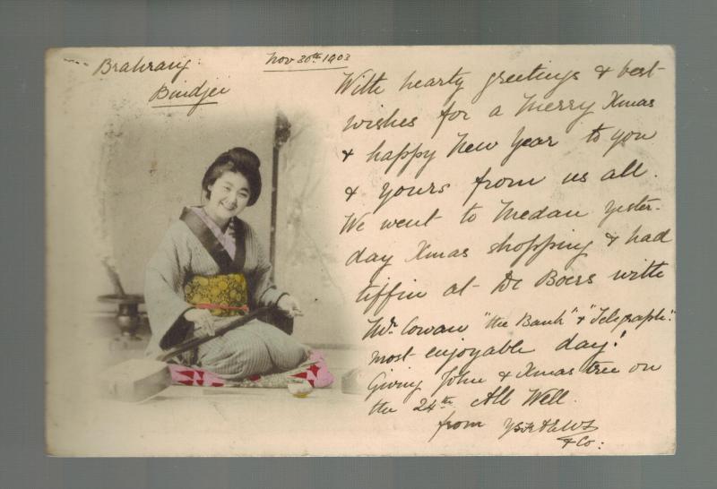 1903 Medan Netherlands Indies RPPC Postcard Cover Salisbury England Geisha Girl