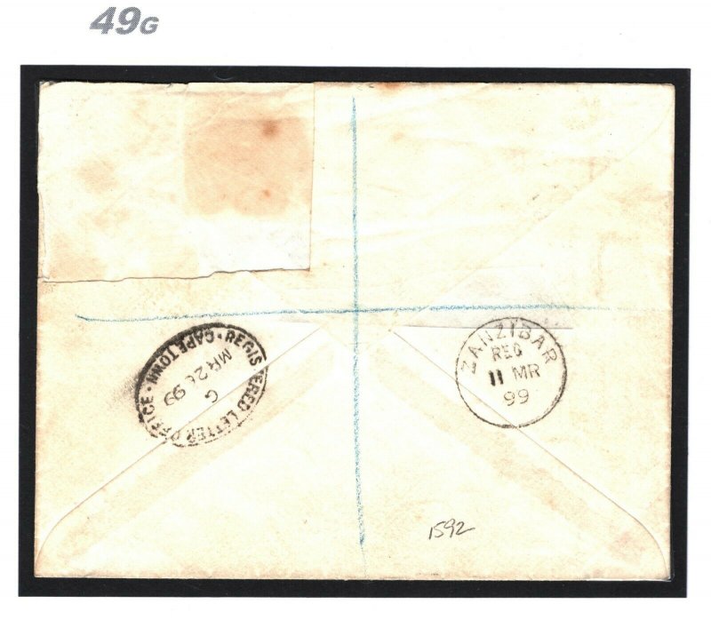 UGANDA MISSIONARY ISSUES Cover 5R High Value Registered 1899 GPO Capetown RR 49g