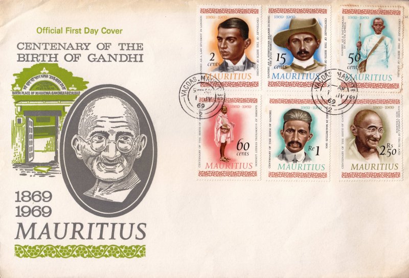 Mauritius- #357-362 -1969-FDC-Centenary of the birth of Gandhi-Average condition
