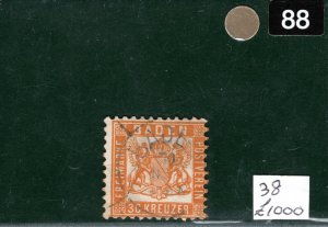 Germany States BADEN Classic High Value Scott.25 30kr Orange Used c$2,250-GOLD88