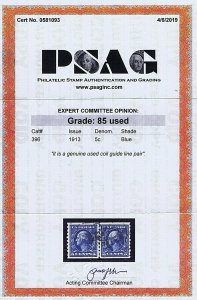 SC# 396 USED PAIR 5C WASHINGTON 1913 PARTIAL CANCELS 2019 PSAG CERT GRADED VF-XF