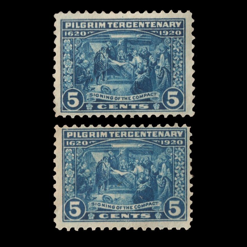 GoodChoice: US 1920 Sc 550 x2 Pilgrim Tercentenary 5¢ Blue Mint MH OG F/VF & VF
