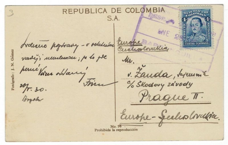 Postcard Colombia Bogota 1930 Post Office Building Architect Sent Czechoslovakia