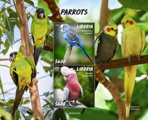 Liberia Birds on Stamps 2020 MNH Parrots Cuckatoos Galah Budgerigar 2v S/S