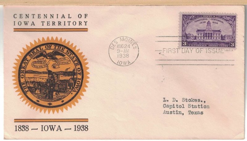 1938 FDC, #838, 3c Iowa Territory Centennial, Linprint