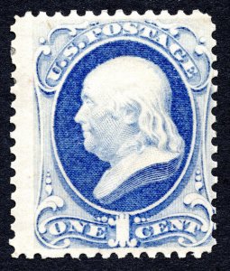 US 1873  1 Cent Ultramarine Franklin Stamp #156 MH CV $200