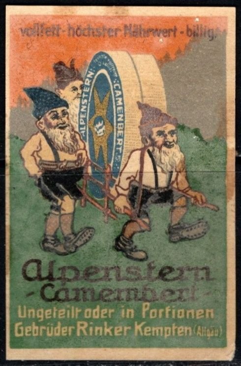 Vintage German Poster Stamp Alpenstern Camembert Full Fat Highest Nutritional