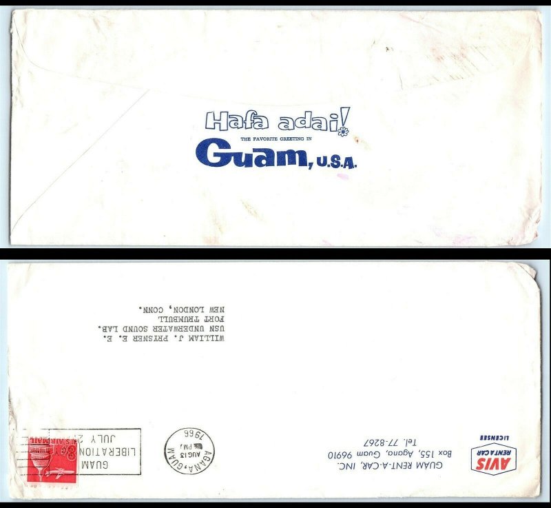 1966 GUAM Cover - Avis Rent A Car, Agana to Fort Trumbull, New London, CT USA S9 