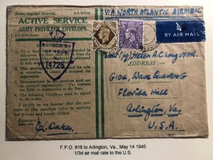 1945 British Field post 816 Airmail Censored OAS Cover To Arlington VA USA