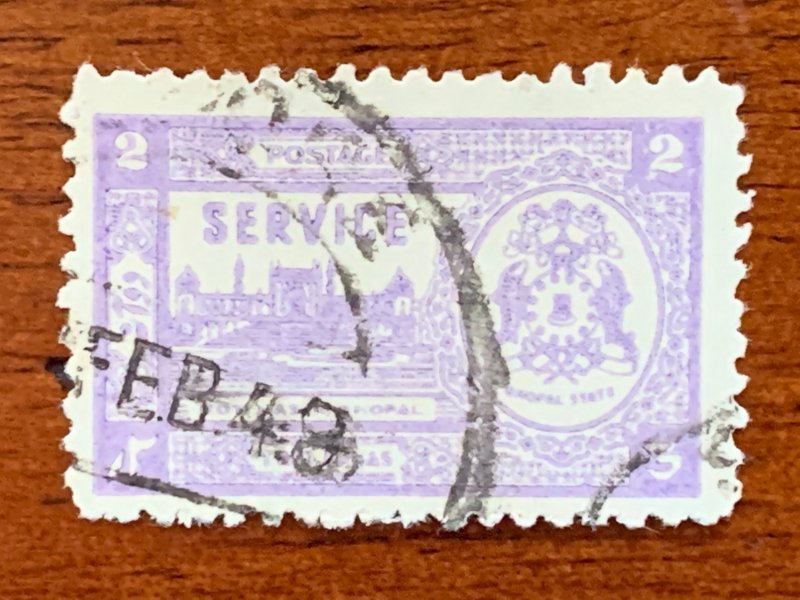 Bhopal 1947 2a mauve shade, used with 1948 cds. Scott O56 CV $22.50, SG O348d