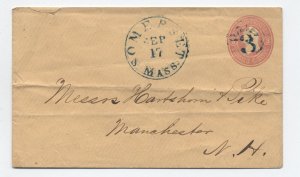 1860s Somerset MA 3ct stamped envelope blue CDS, paid 3 in circle cancel [h.4838