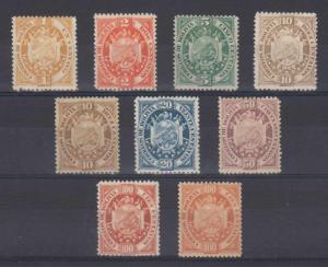 BOLIVIA 1894 COAT OF ARMS Sc 40-46 (9x) FULL SET OF PARIS REPRINTS MINT (CV$117) 