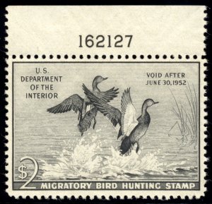 US RW18 $2 1951 Hunting Permit Stamp Gadwall Ducks F-VF NH plate single