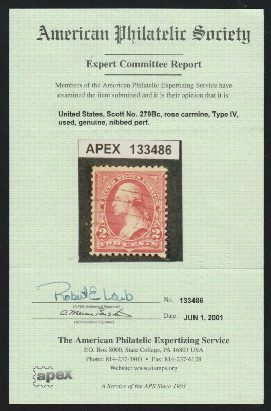 US SCOTT #279Bc Rose Carmine USED-Fine Nibbed Perf w/ APEX Cert SCV $230