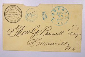 CSA - 1861 Norfolk VA Paid 5 Stampless / Queensware Advertising - L38835