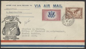 1937 Flight Cover Montreal Canada to Burlington USA US Spec Delivery AAMC 3721b