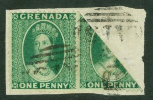 SG 14a Grenada 1875. 1d green pair, one being bisected. Very fine used on...