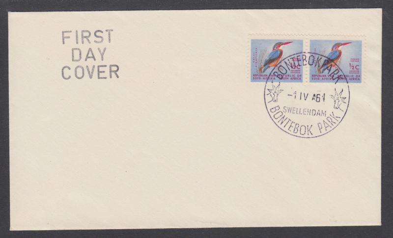 South Africa Sc 254, ½c Natal Kingfisher pair, 1964 BONTEBOK PARK cancel, unadd