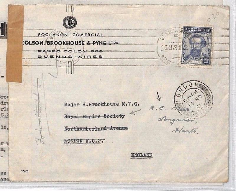 WW2 ARGENTINA Buenos Aires GB London Contents Royal Empire Society 1940 XX349