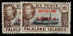 FALKLAND ISLANDS - South Shetlands GVI SG D6 + D6a, 6d SHADE VARIETIES, M MINT.