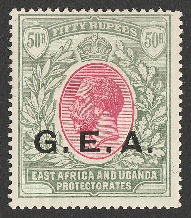 TANGANYIKA 1917 GEA on KGV 50R red & green. SG 62 cat £750. Rare. Expertised. 