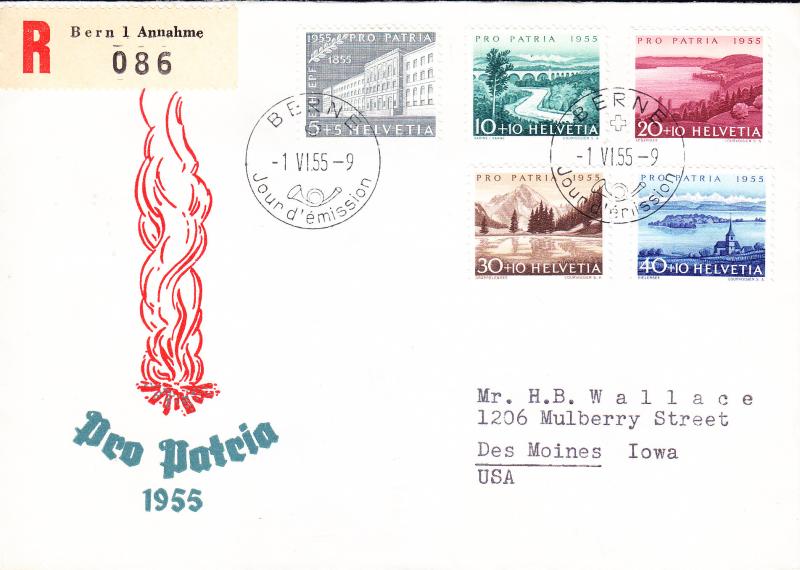 Switzerland 1955 Pro-Patria complete (5) FDC REGISTERED to U.S.A.