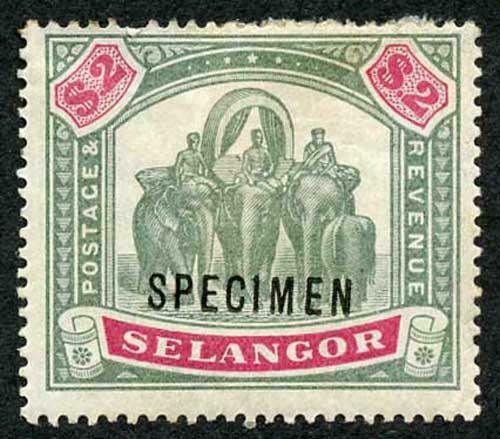 Selangor SG62s Two Dollar Green and Carmine SPECIMEN (paper adherence on revers