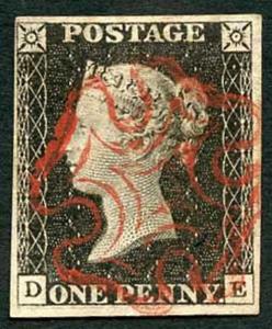 Penny Black (DE) Plate 2 Fine Four Margins Great Red Cross