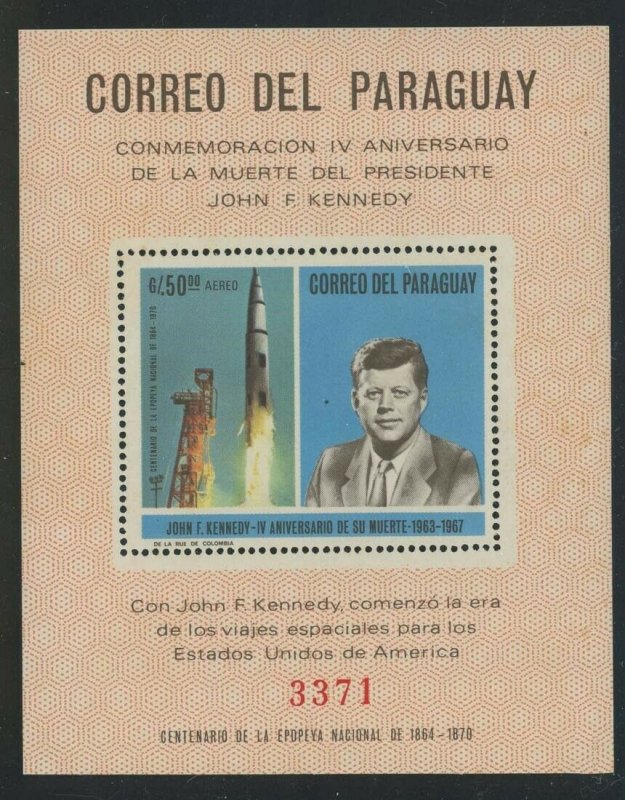 Paraguay 1968 John F Kennedy & Saturn Rocket S/S Sc# C317 NH