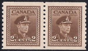 Canada #279 2 cent King George 6, Coil Pair Stamp mint OG NH XF