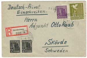 Germany 1948 Cover to Sweden Stamps Scott 557+558+574 Pigeon Peace Agriculture