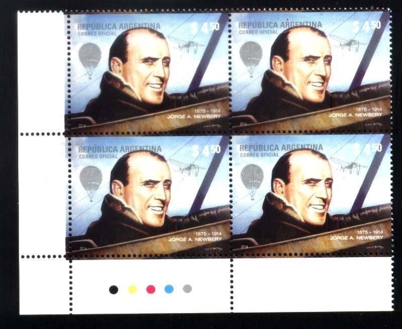 ARGENTINA 2014, AVIATION AIRPLANE PILOT JORGE NEWBERY BLOC OF 4 Yv3036 MNH