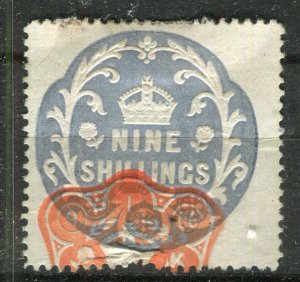 BRITAIN; Early 1900s fine used Embossed Revenue 9s. value