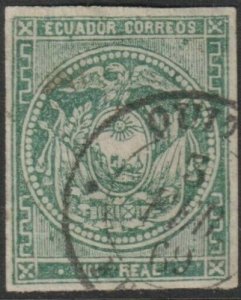 Ecuador Sc# 5 Coat of Arms imperf 1r green four margin used CV $55.00 Stk #1 