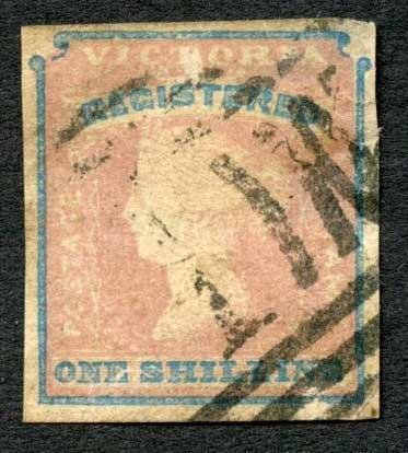 Victoria SG34 1/- (registered) Rose-pink and Blue (thin) Cat 200 pounds 