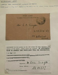 1940 England Sunbury Kempton Park Internment Camp Postcard Cover To London