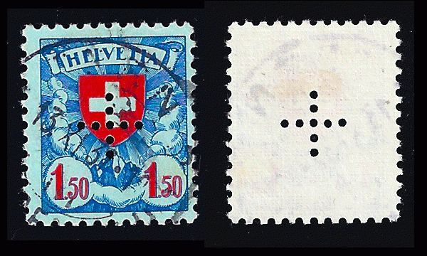 Switzerland 1935 Zum. D II 17, 1.50 fr perforated cross, not in Scott