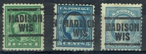 1917 3 WASHINGTON/FRANKLIN precancels f/ MADISON WI (203) Nice type!