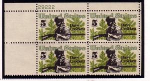 US #1330 5c Davy Crockett Plate Block of 4 (MNH) CV $1.35