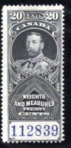 van Dam FWM58a, 20c Black, used, 1915, Canada Weights and Measures Revenue Stamp