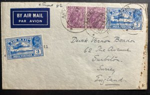 1933 Akyab SOR Burma Airmail cover To Surbiton Surrey England